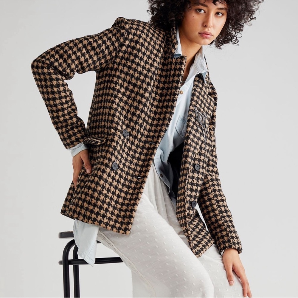 Free People BlankNYC Book Club Houndstooth Double Breasted Blazer
